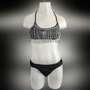 PINK White and Black Fringe Bikini Top and Black bikini bottoms